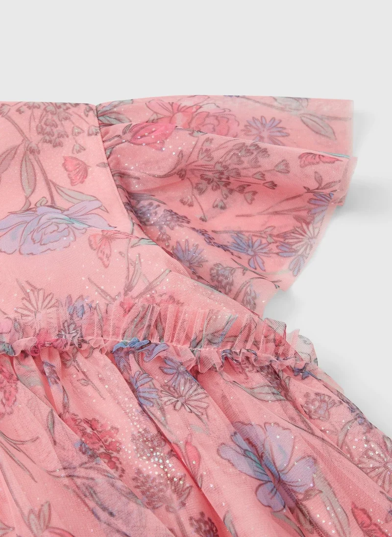 ماتلان فستان شبكي مطبوع بالزهور وردي للبنات